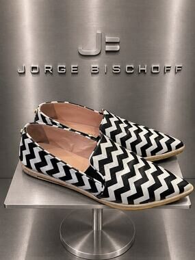 Jorge Bischoff Chevron Leather Flats Black White Brazil 35 Fits US 6